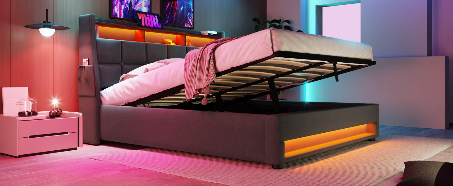 Queen Size Upholstered Platform Bed With A Hydraulic Storage System, Led And Usb Charging, Grey Without Mattress Queen Grey Metal & Wood