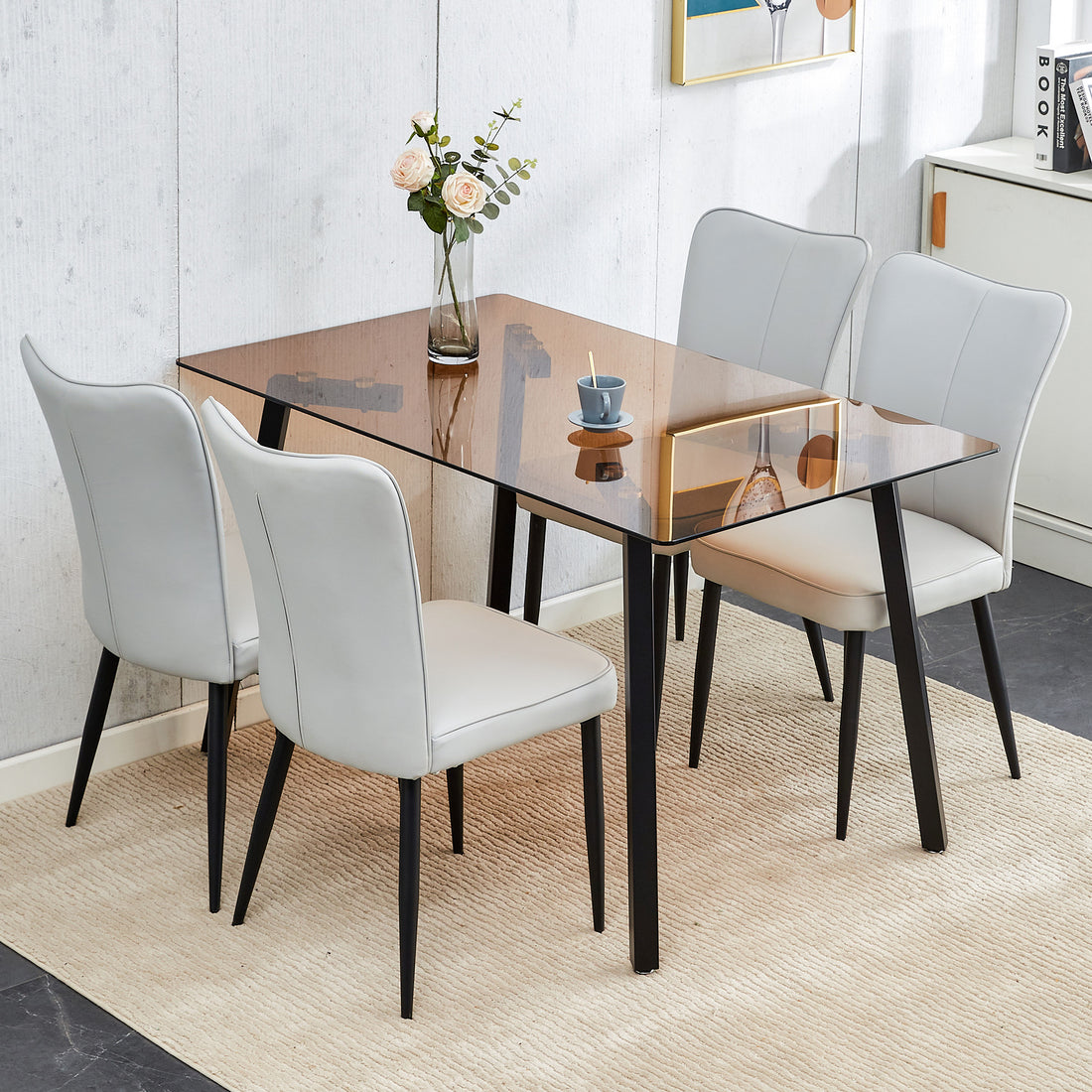 One Table And 4 Light Gray Pu Chairs. Rectangular Tea Brown Glass Dining Table, Tempered Glass Tabletop And Black Metal Legs, Suitable For Kitchen, Dining Room, And Living Room, 51 "* 31.5" * 29.5" Dark Brown Glass