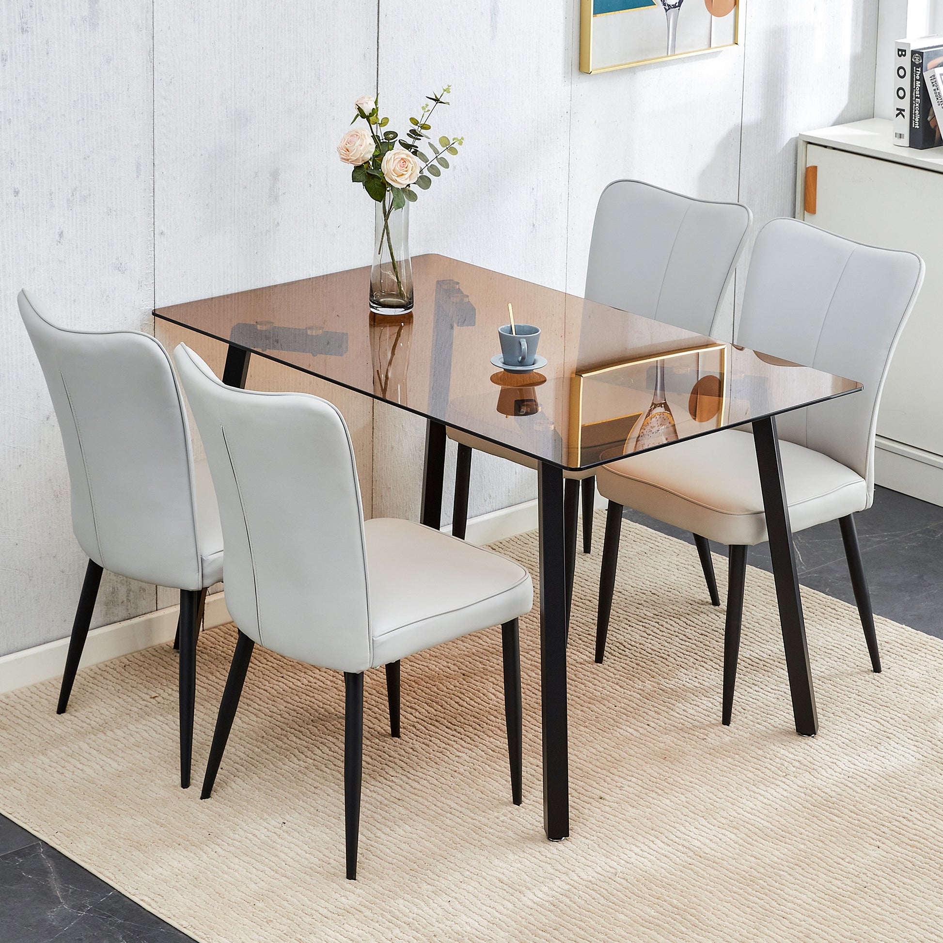 One Table And 4 Light Gray Pu Chairs. Rectangular Tea Brown Glass Dining Table, Tempered Glass Tabletop And Black Metal Legs, Suitable For Kitchen, Dining Room, And Living Room, 51 "* 31.5" * 29.5" Dark Brown Glass