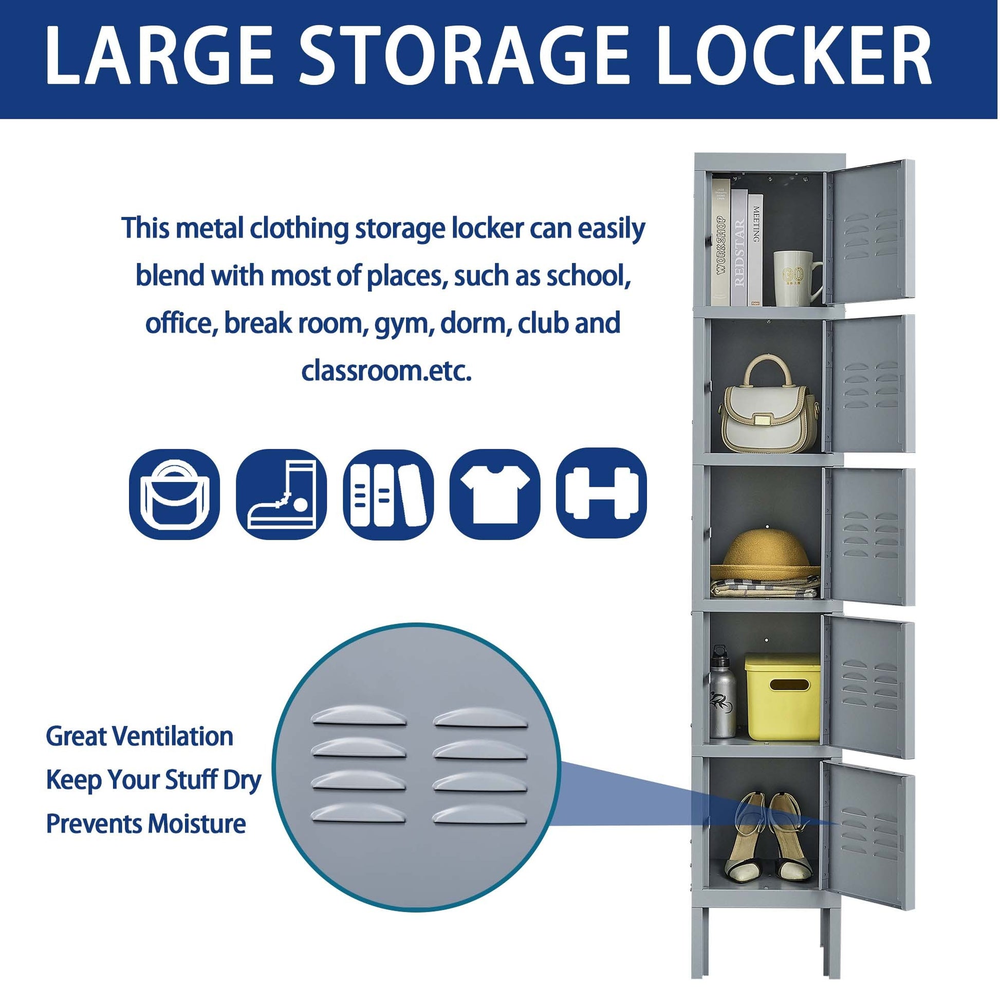 5 Door 66"H Metal Lockers With Lock for freestanding-5 or more spaces-gray-gym-door