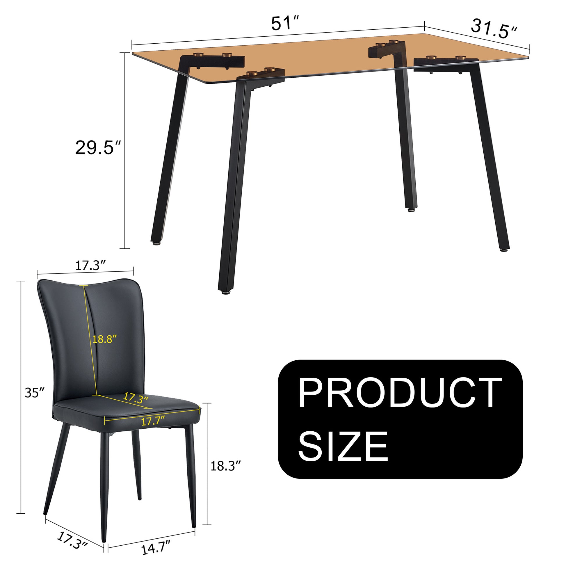 One Table And 4 Black Pu Chairs. Rectangular Tea Brown Glass Dining Table, Tempered Glass Tabletop And Black Metal Legs, Suitable For Kitchen, Dining Room, And Living Room, 51 "* 31.5" * 29.5" Dark Brown Glass