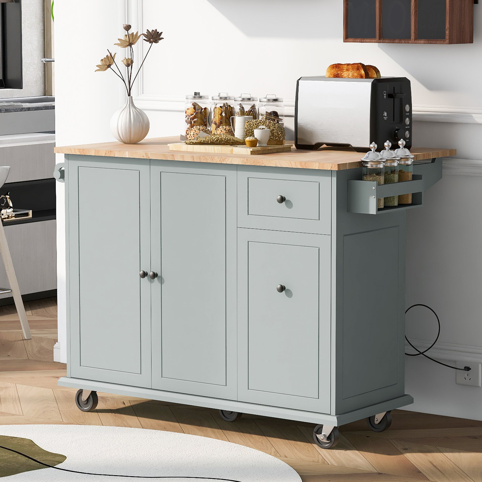 Kitchen Island with Drop Leaf, 53.9" Width Rolling