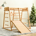 Wooden Indoor Kids Playground Jungle Gym With Slide And Play Table, Toddlers Wooden Climber 8 In 1 Slide Playset, Wooden Rock Climbing Ladder With Rope Wall, Swing Rings, Monkey Bars And Swing Natural Wood Wood