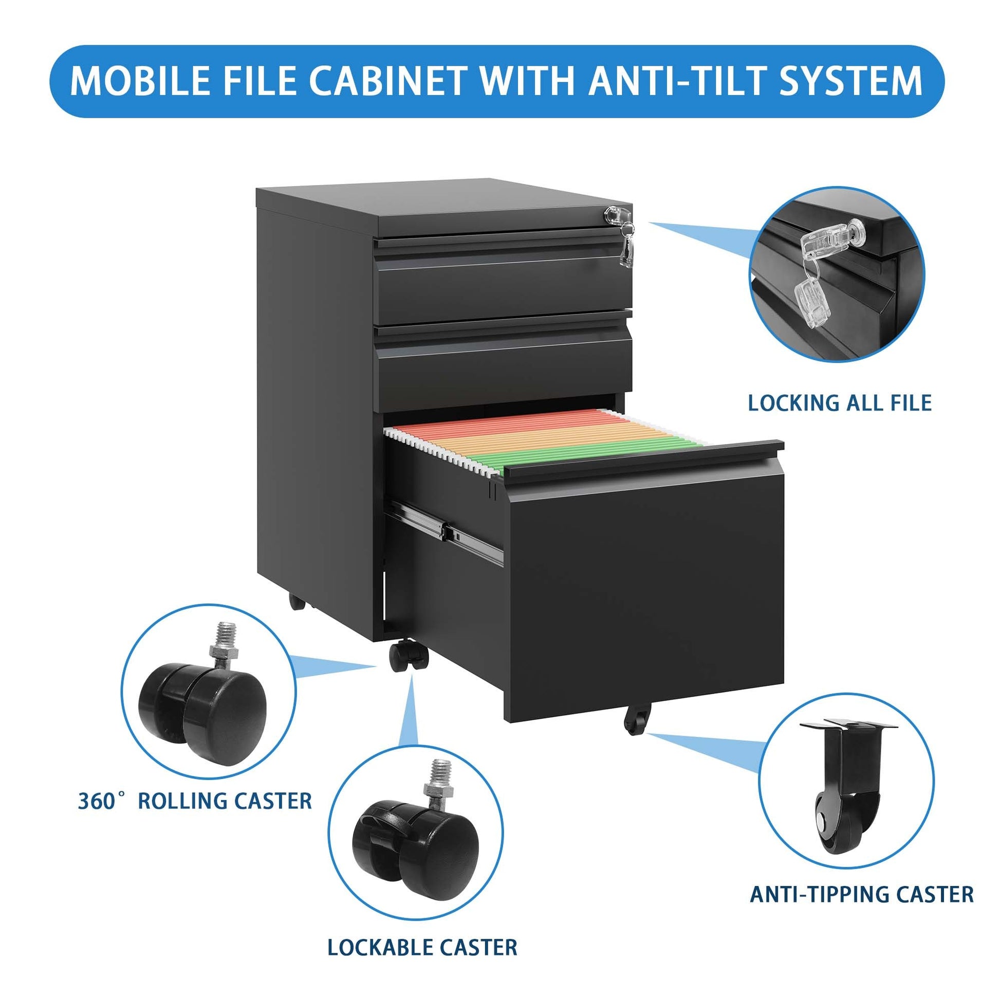 3 Drawer Mobile File Cabinet With Lock,Metal Filing Cabinets For Home Office Organizer Letters Legal A4,Fully Assembled,Black Filing Cabinets 3 4 Drawers Black Office Drawers Included Modern Metal Metal