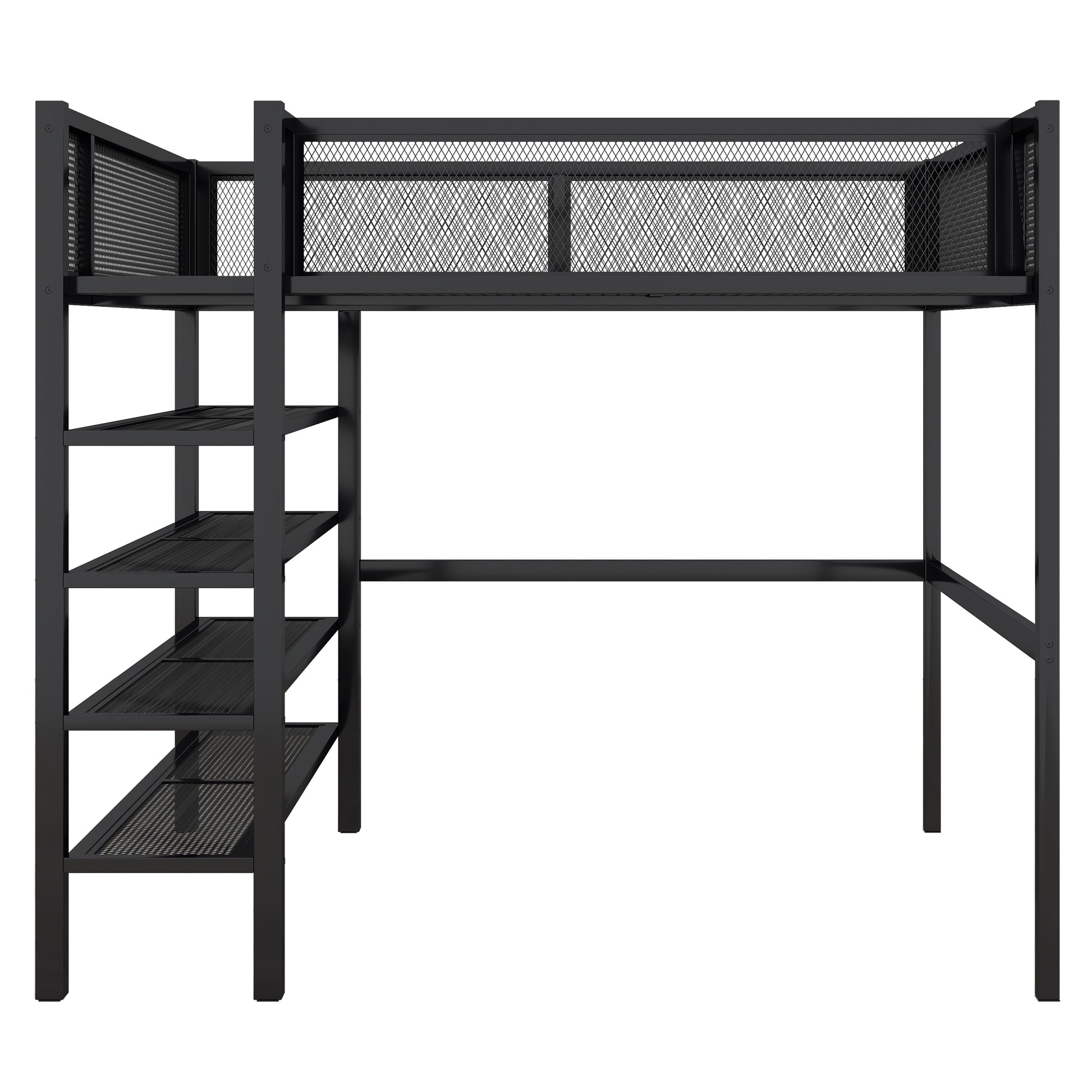 Full Size Metal Loft Bed With 4 Tier Shelves And Storage, Black Full Black Metal