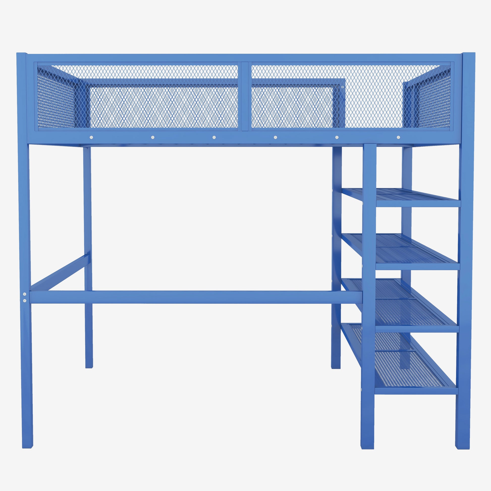 Full Size Metal Loft Bed With 4 Tier Shelves And Storage, Blue Full Blue Metal