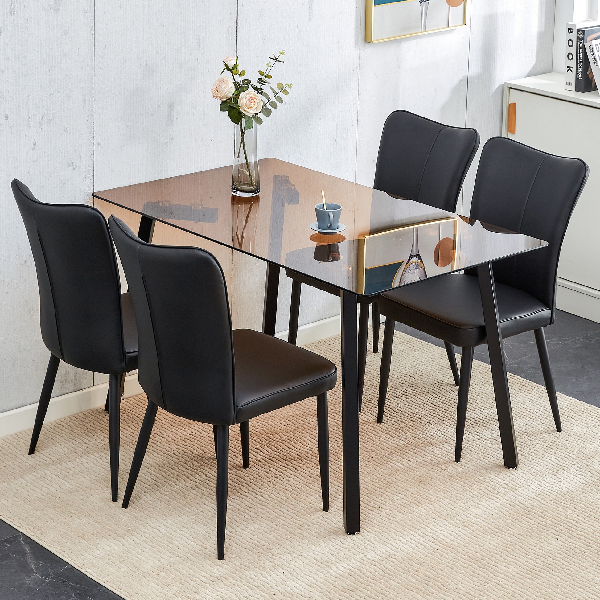 One Table And 4 Black Pu Chairs. Rectangular Tea Brown Glass Dining Table, Tempered Glass Tabletop And Black Metal Legs, Suitable For Kitchen, Dining Room, And Living Room, 51 "* 31.5" * 29.5" Dark Brown Glass