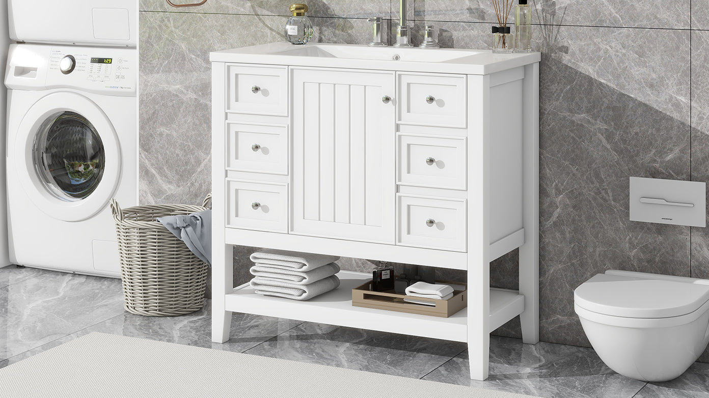 36" Bathroom Vanity With Sink Combo, One Cabinet And Three Drawers, Solid Wood And Mdf Board, White White Solid Wood Mdf