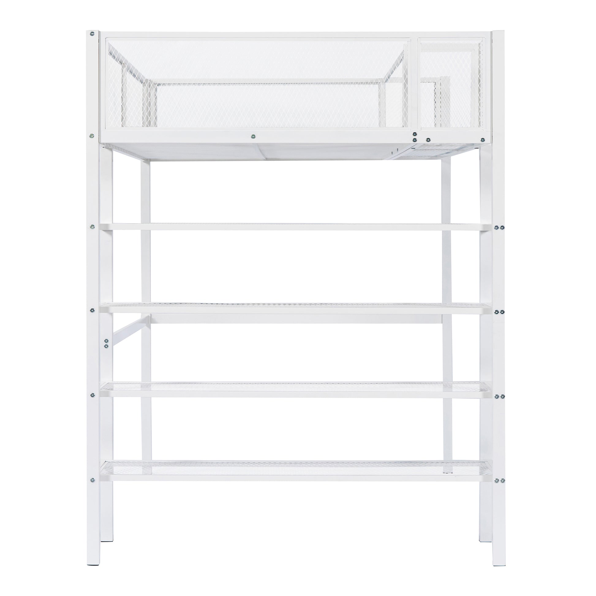 Twin Size Metal Loft Bed With 4 Tier Shelves And Storage, White White Metal