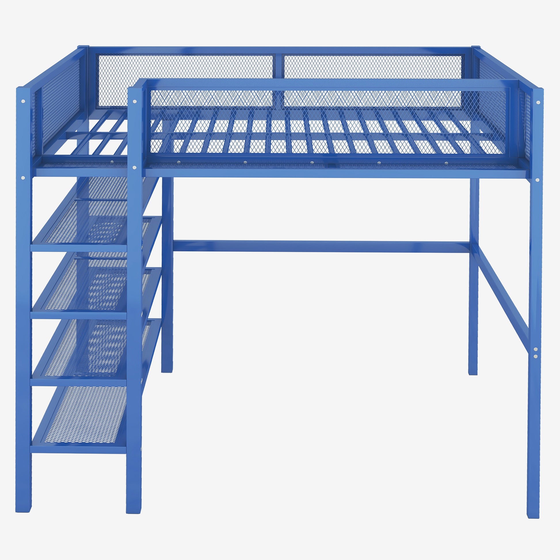 Full Size Metal Loft Bed With 4 Tier Shelves And Storage, Blue Full Blue Metal