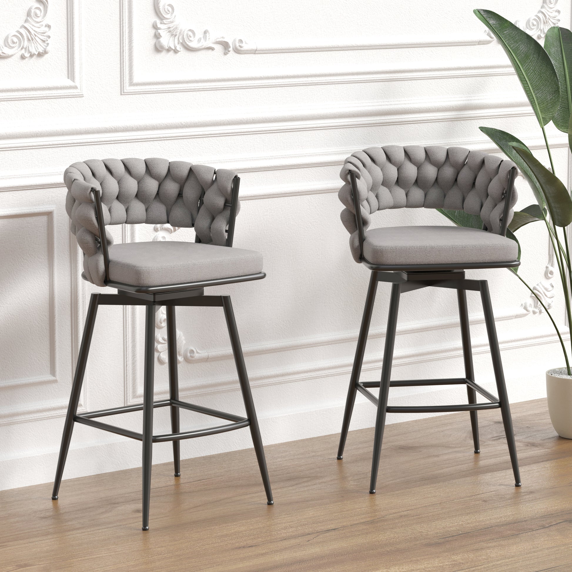 Bar Chair Linen Woven Bar Stool Set Of 2,Black Legs Barstools No Adjus