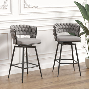 Bar Chair Linen Woven Bar Stool Set Of 2,Black Legs Barstools No Adjustable Kitchen Island Chairs,360 Swivel Bar Stools Upholstered Bar Chair Counter Stool Arm Chairs With Back Footrest, Grey Metal Grey Kitchen Dining Chairs Foam Linen