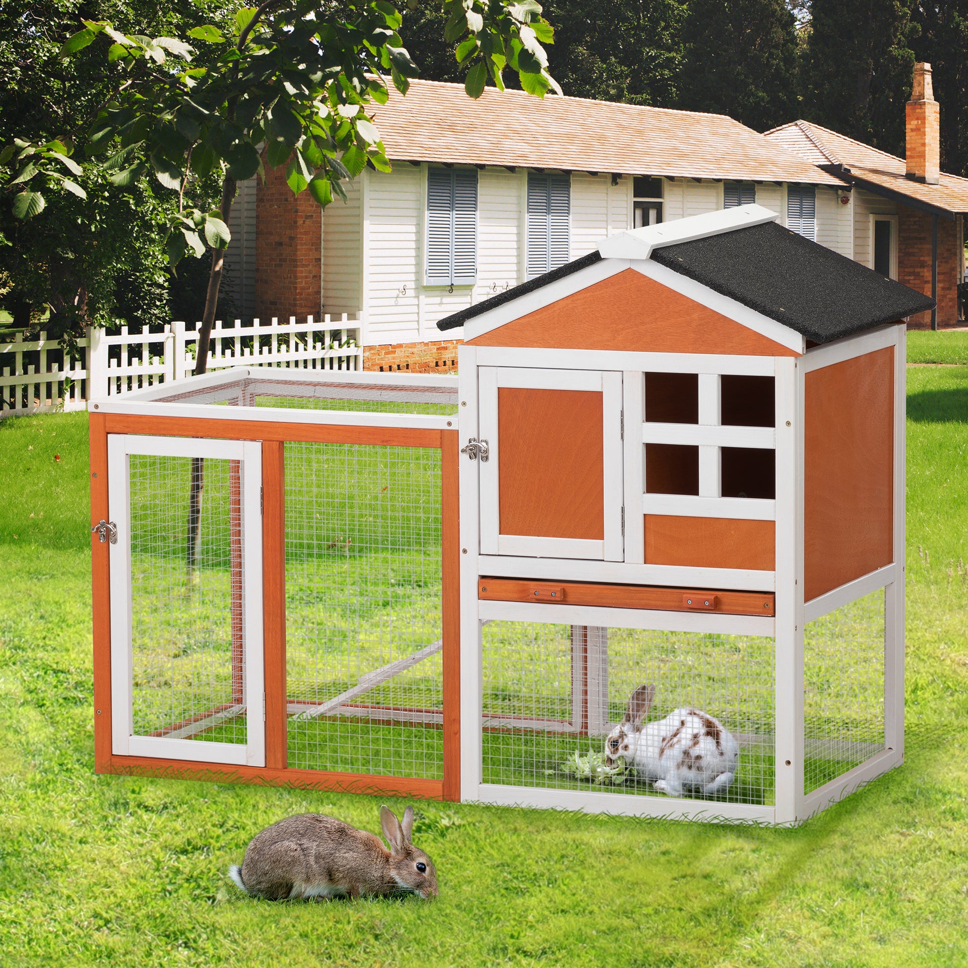 2 Story Wooden Rabbit Hutch Bunny Cage, Chicken Coop, Pet House For Small Animals, Orange White Orange Wood Metal