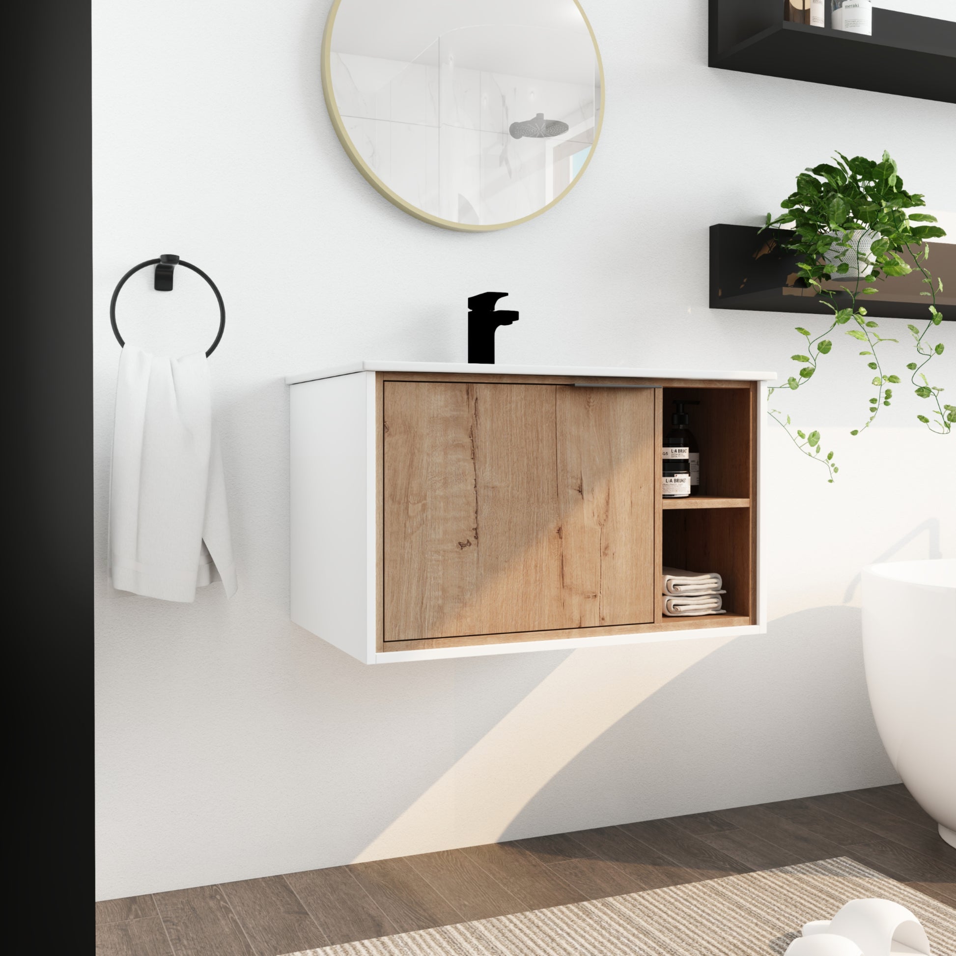 30'' Floating Wall Mounted Bathroom Vanity with imitative oak-1-2-soft close doors-bathroom-wall