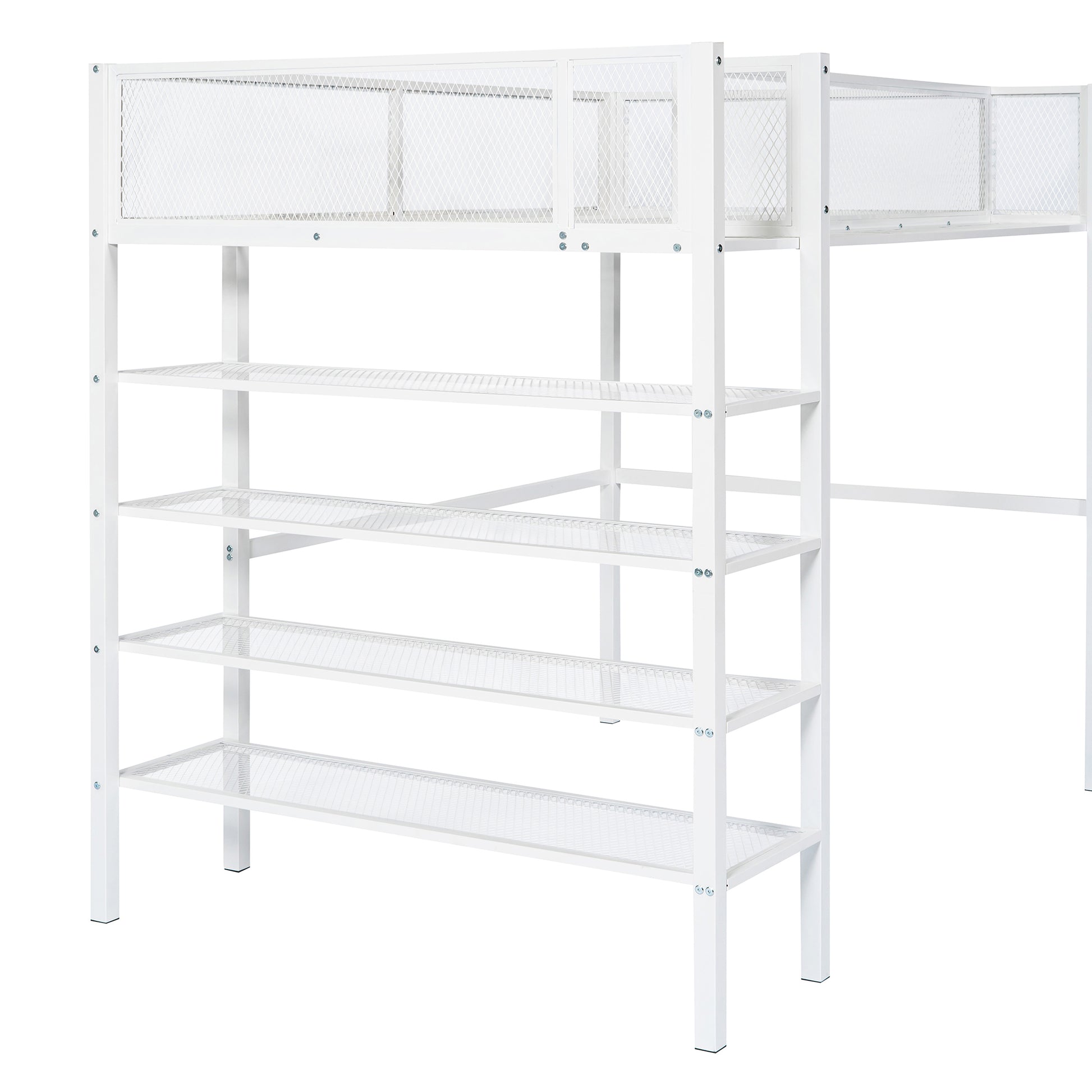 Twin Size Metal Loft Bed With 4 Tier Shelves And Storage, White White Metal