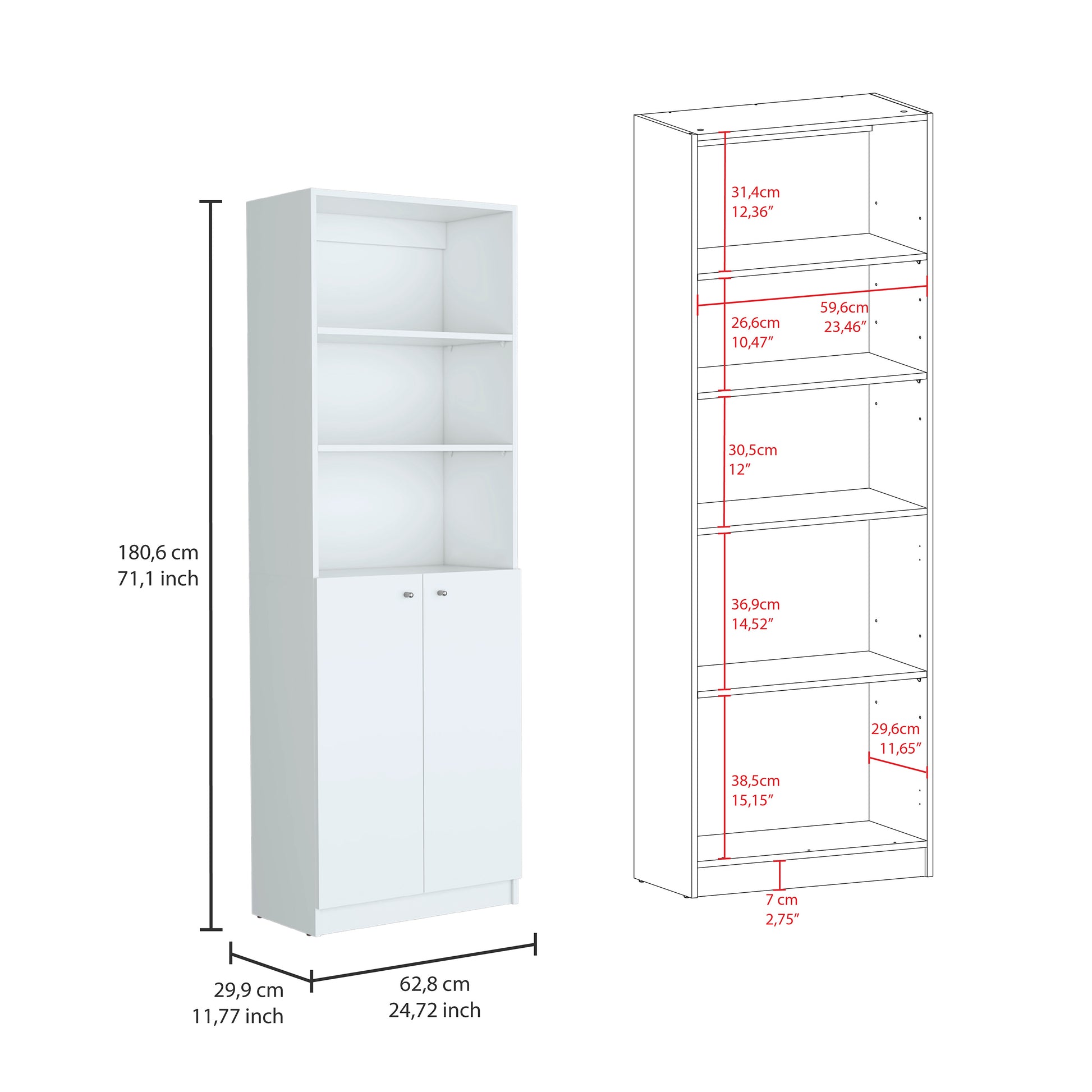 Salina 3 Piece Living Room Set With 3 Bookcases, White White Particle Board Engineered Wood