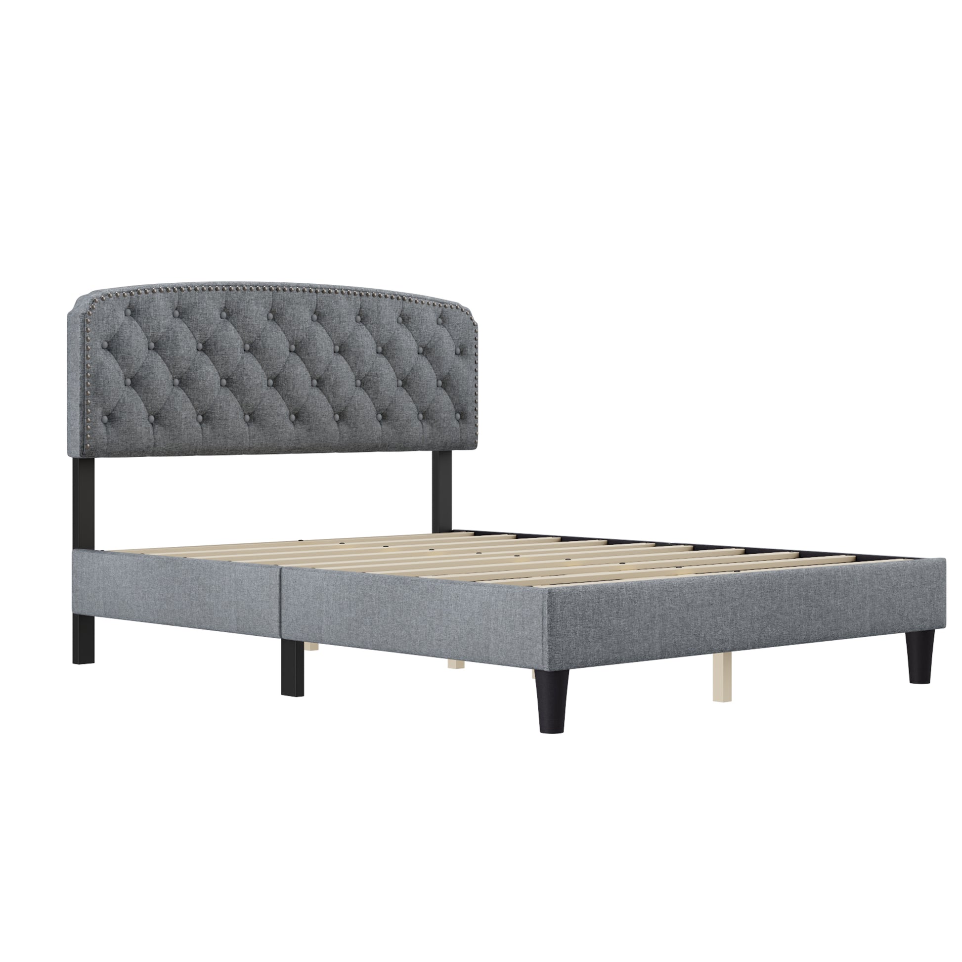 Queen Size Adjustable Headboard With Fine Linen Upholstery And Button Tufting For Bedroom, Wave Top Light Grey Light Grey Wood