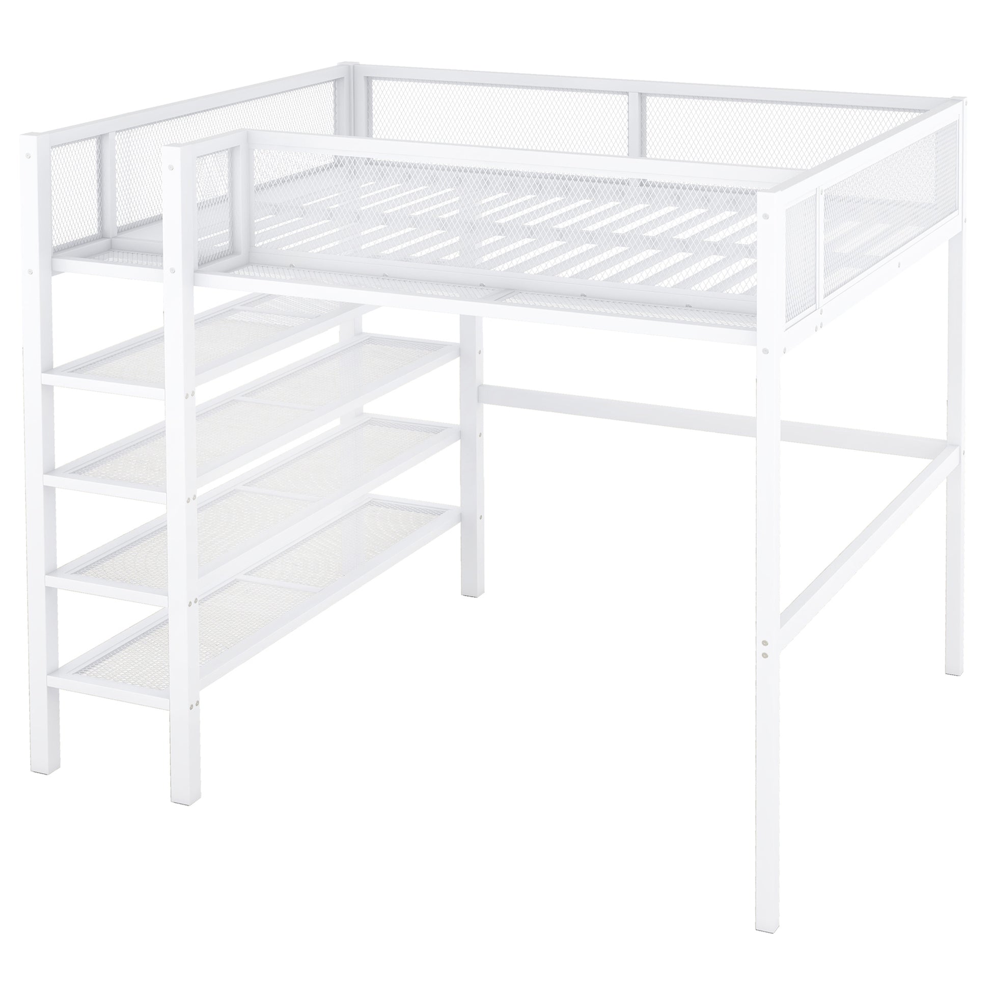 Full Size Metal Loft Bed With 4 Tier Shelves And Storage, White Full White Metal