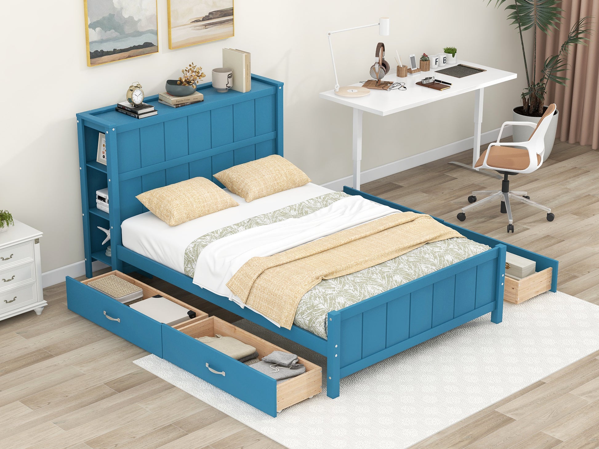 Full Size Platform Bed With Drawers And Storage Shelves, Blue Blue Solid Wood Mdf