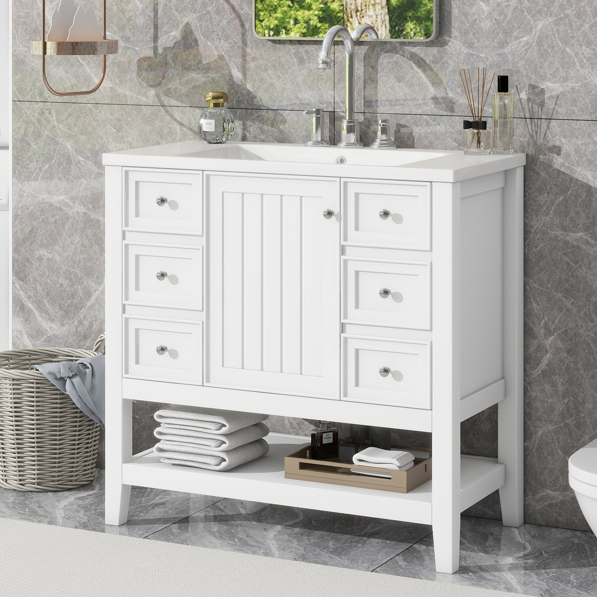 36" Bathroom Vanity With Sink Combo, One Cabinet And Three Drawers, Solid Wood And Mdf Board, White White Solid Wood Mdf