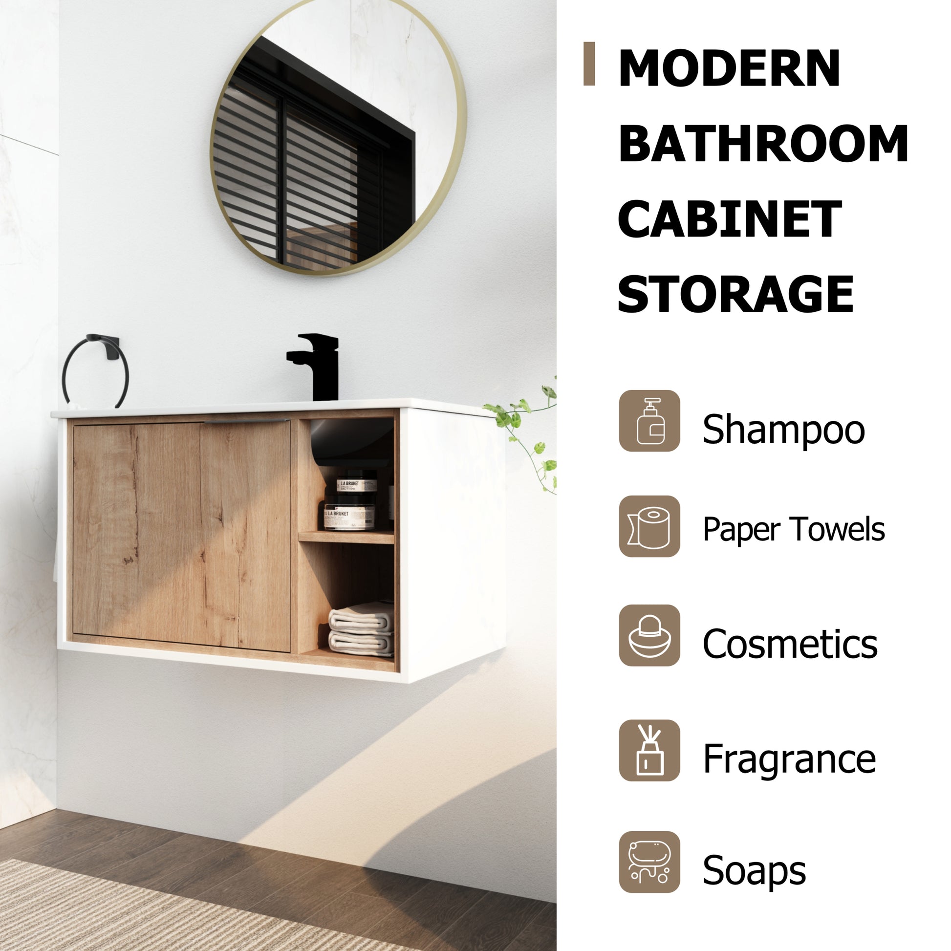 30'' Floating Wall Mounted Bathroom Vanity with imitative oak-1-2-soft close doors-bathroom-wall