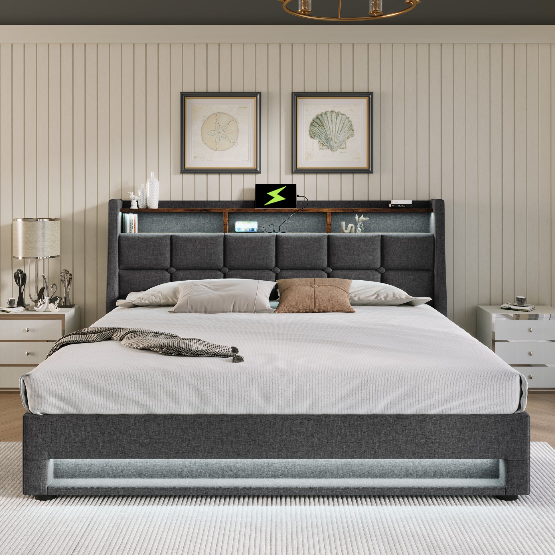 Queen Size Upholstered Platform Bed With A Hydraulic Storage System, Led And Usb Charging, Grey Without Mattress Queen Grey Metal & Wood