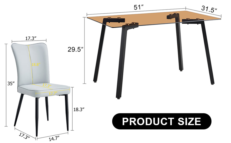 One Table And 4 Light Gray Pu Chairs. Rectangular Tea Brown Glass Dining Table, Tempered Glass Tabletop And Black Metal Legs, Suitable For Kitchen, Dining Room, And Living Room, 51 "* 31.5" * 29.5" Dark Brown Glass