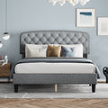 Queen Size Adjustable Headboard With Fine Linen Upholstery And Button Tufting For Bedroom, Wave Top Light Grey Light Grey Wood