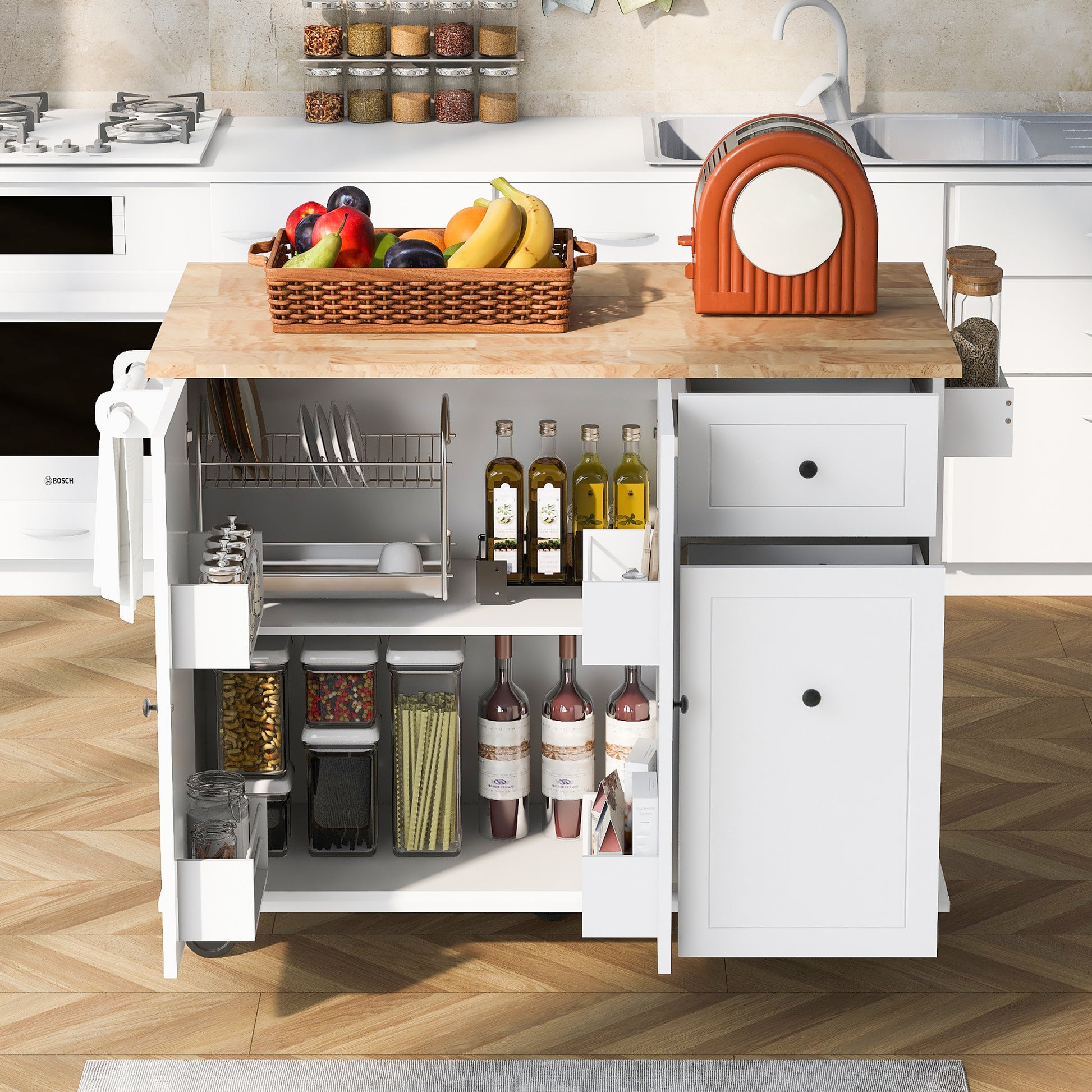 Kitchen Island With Drop Leaf, 53.9" Width Rolling Kitchen Cart On Wheels With Internal Storage Rack And 3 Tier Pull Out Cabinet Organizer, Kitchen Storage Cart With Spice Rack, Towel Rack White White Kitchen Classic,European,Modern Rectangular Kitchen