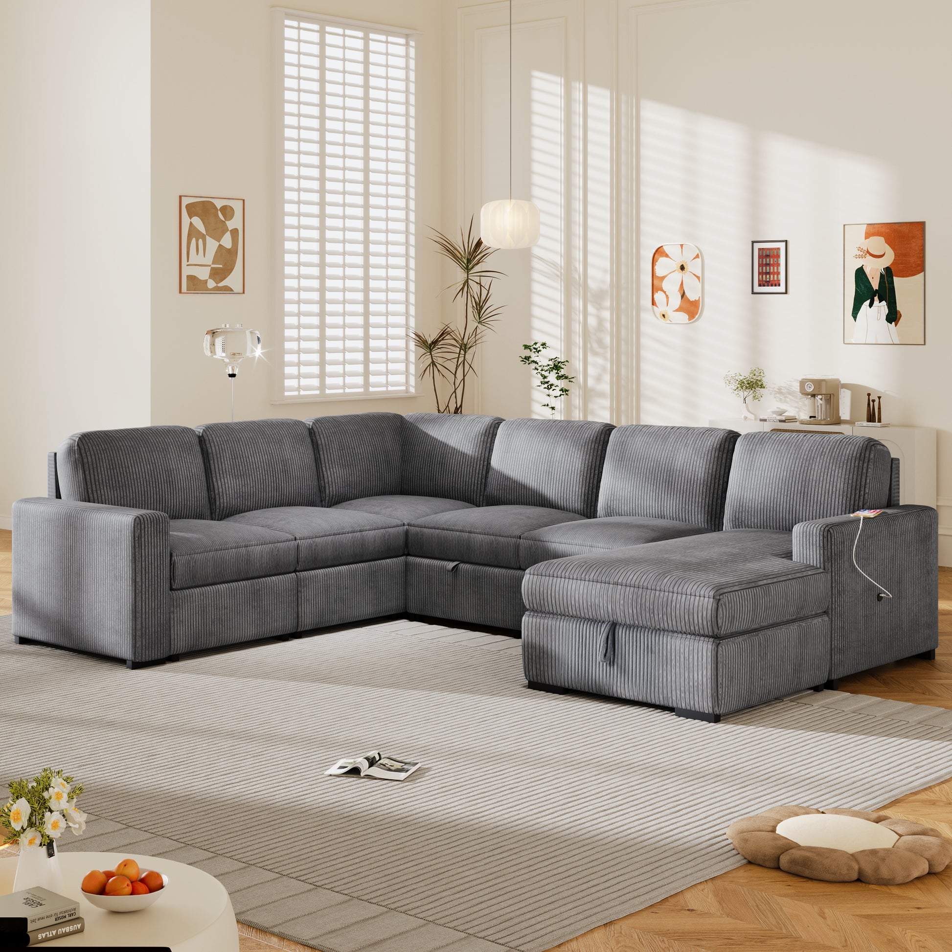 U Shaped Corduroy Combination Corner Sofa With Storage Lounge Chair, 6 Seater Oversized Sofa, With Usb Interfaces,Suitable For Living Room, Office, And Spacious Space Gray Polyester 6 Seat