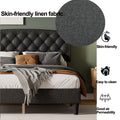 Queen Size Adjustable Headboard With Fine Linen Upholstery And Button Tufting For Bedroom, Wave Top Dark Grey Dark Grey Wood