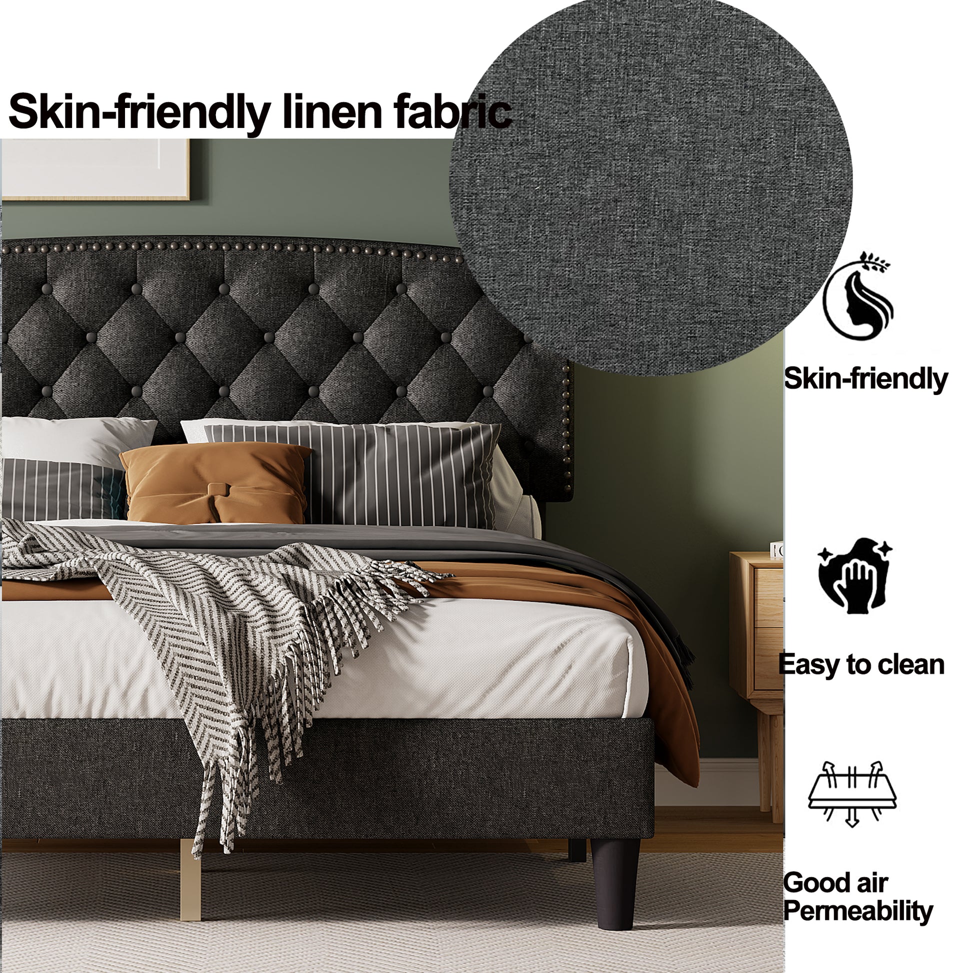 Queen Size Adjustable Headboard With Fine Linen Upholstery And Button Tufting For Bedroom, Wave Top Dark Grey Dark Grey Wood