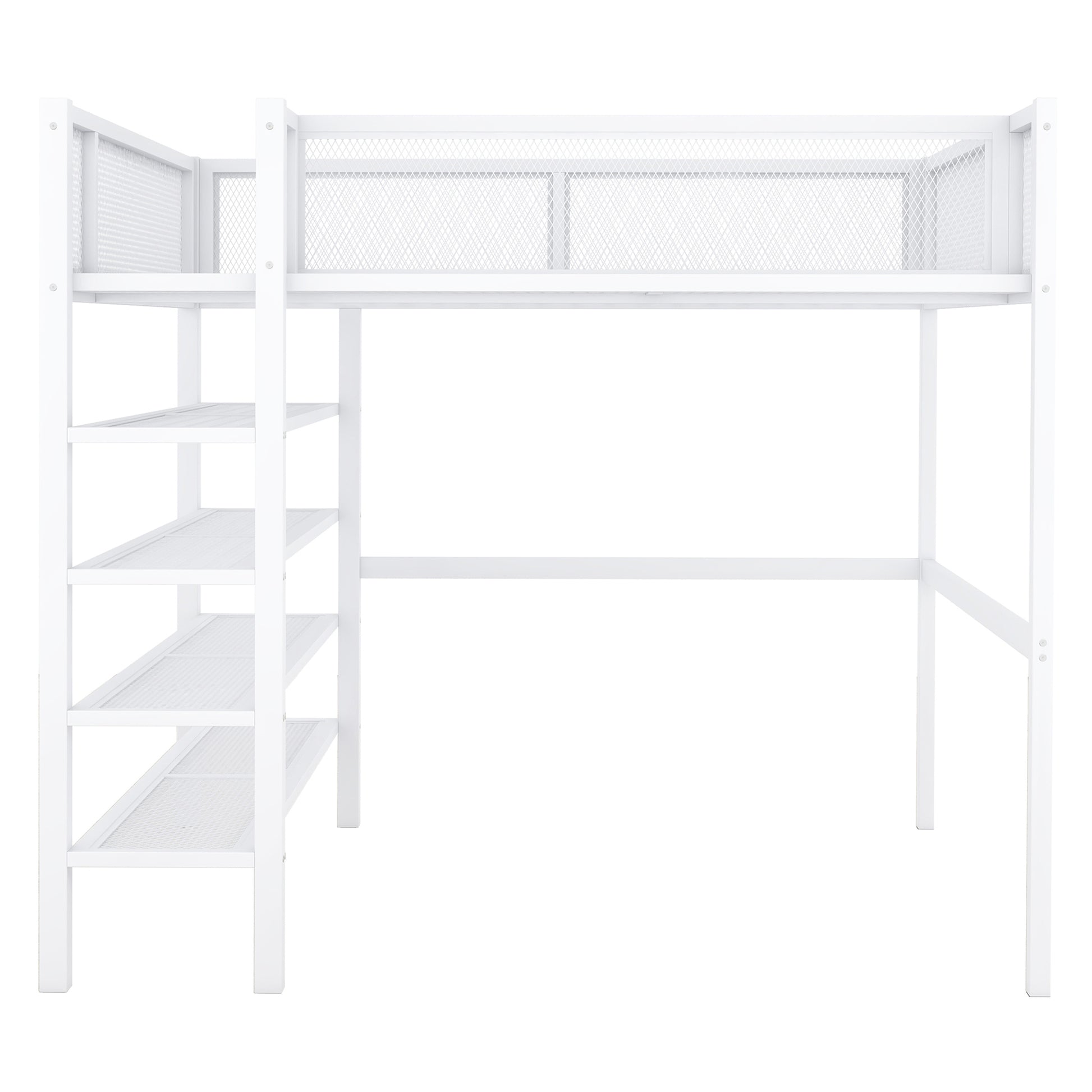Full Size Metal Loft Bed With 4 Tier Shelves And Storage, White Full White Metal