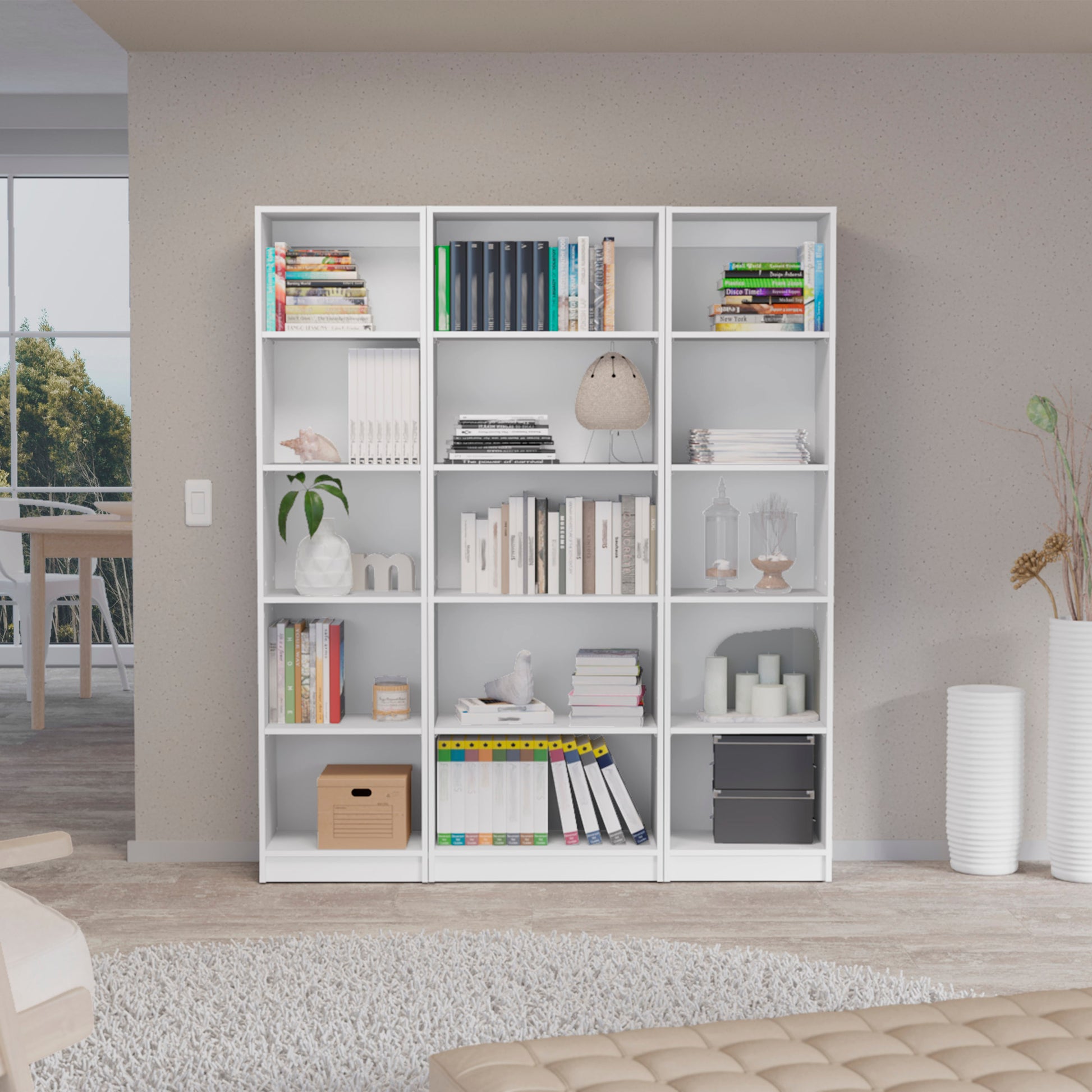 Parwan 3 Piece Living Room Set With 3 Bookcases, White White Particle Board Engineered Wood