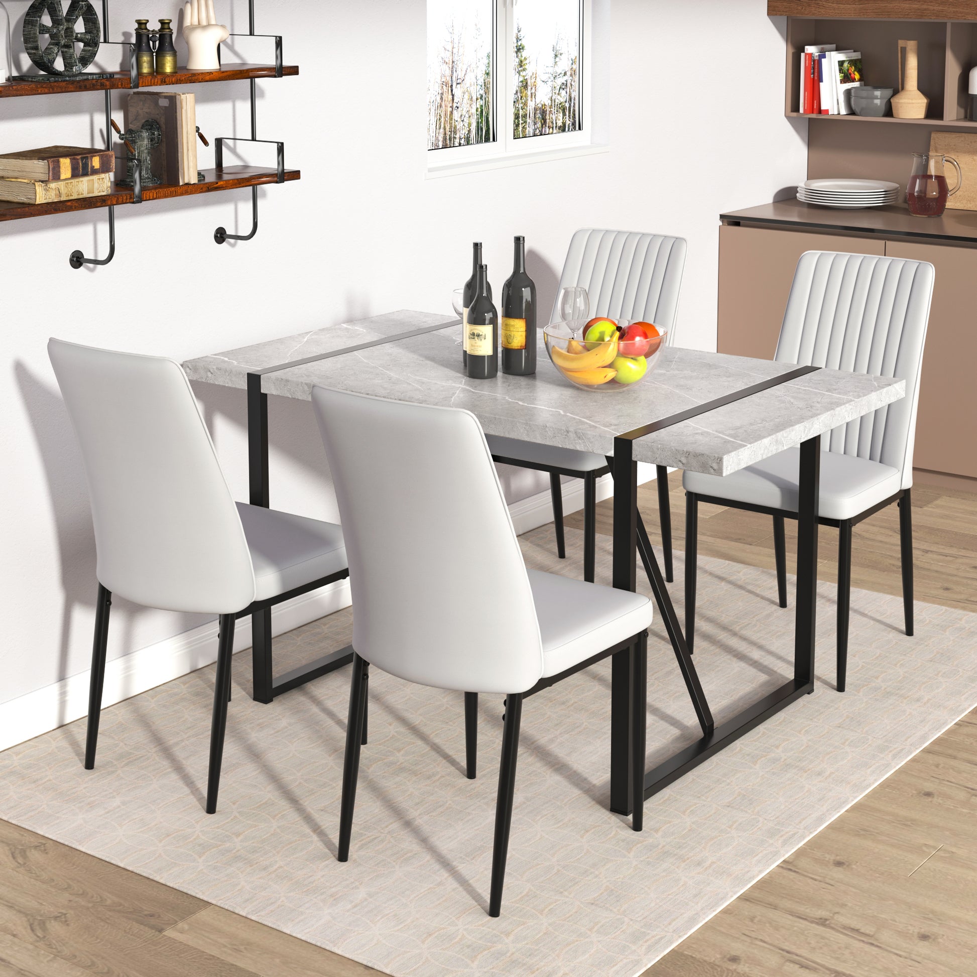 5 Piece Dining Table Chairs Set, Rectangular Dining Room Table Set For 4, Modern Dining Table And Faux Leather Chairs For Kitchen Dining Room, Small Space, Gray Metal Grey Metal Rectangular Mdf