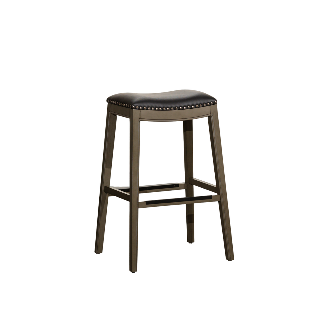 30" Bar Height Saddle Stool, Weathered Gray Finish, Black Leather Seat Gray Polyester Bonded Leather