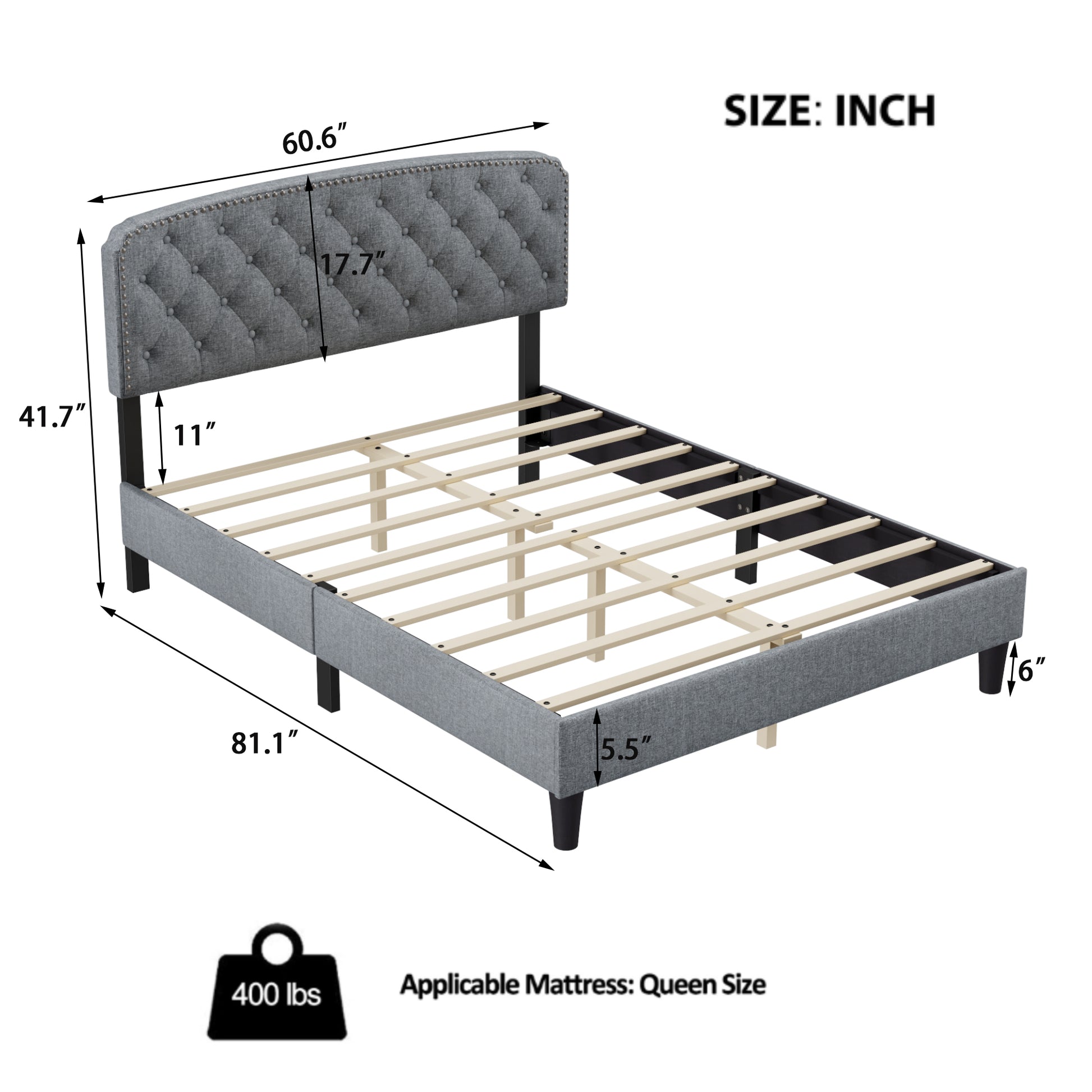 Queen Size Adjustable Headboard With Fine Linen Upholstery And Button Tufting For Bedroom, Wave Top Light Grey Light Grey Wood
