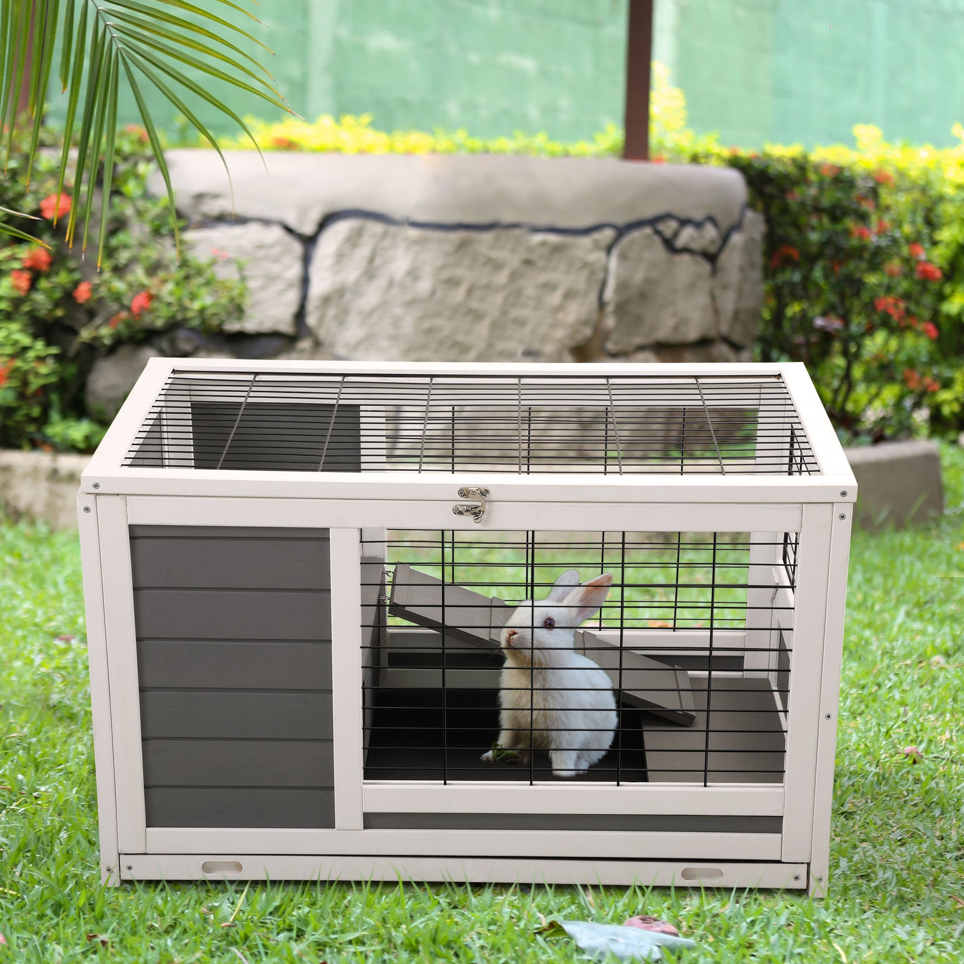 Luxury 2 Storey Pet House Box Wooden Cage Comfy Cabin For Small Animals, Grey White Grey Wood