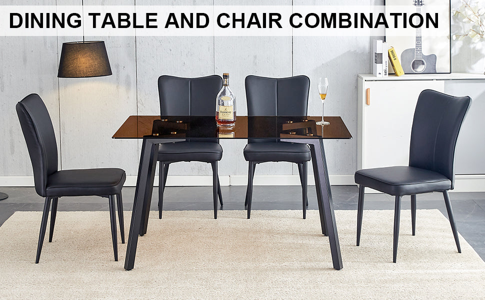 One Table And 4 Black Pu Chairs. Rectangular Tea Brown Glass Dining Table, Tempered Glass Tabletop And Black Metal Legs, Suitable For Kitchen, Dining Room, And Living Room, 51 "* 31.5" * 29.5" Dark Brown Glass