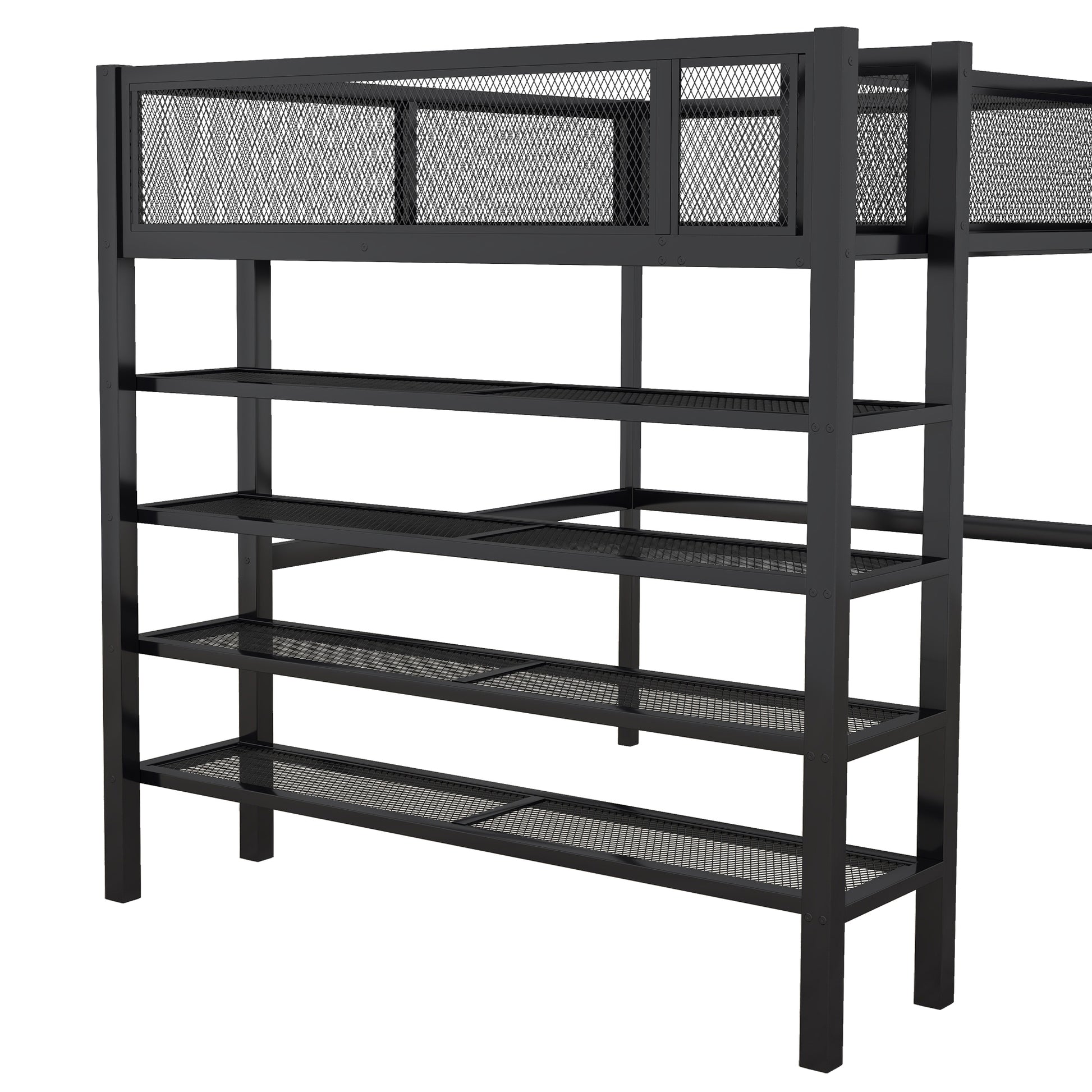 Full Size Metal Loft Bed With 4 Tier Shelves And Storage, Black Full Black Metal