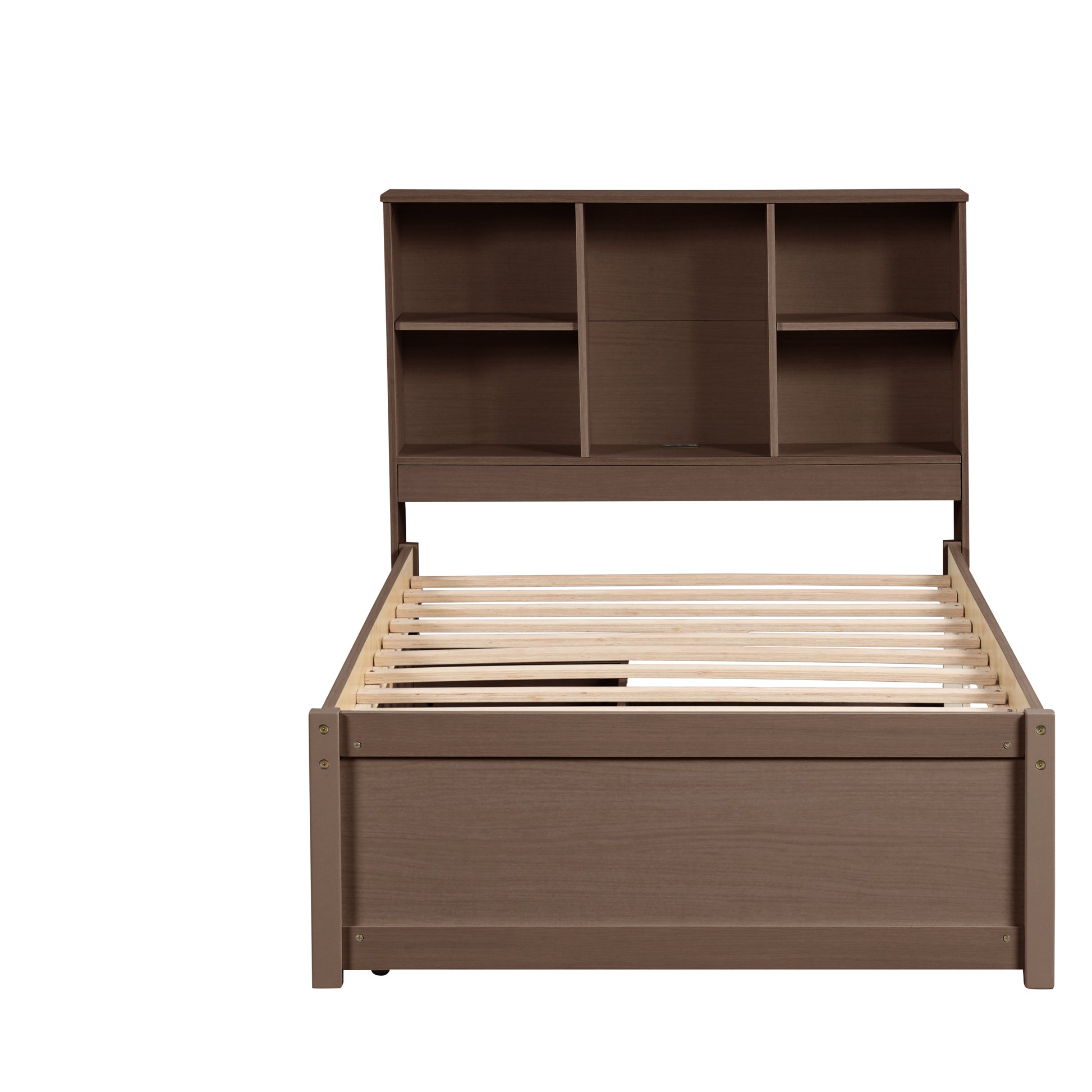 Modern Twin Size Bed Frame With Built In Usb Port On Bookcase Headboard And 2 Drawers For Walnut Color Box Spring Not Required Twin Walnut Bedroom Bed Frame Particle Board