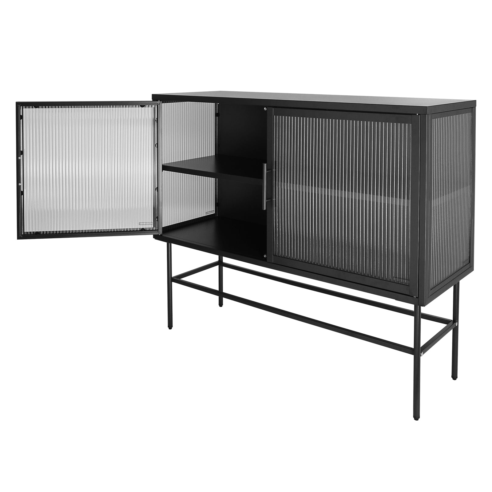 Double Door Tempered Glass Sideboard Console Table With 2 Fluted Glass Doors Adjustable Shelf And Feet Anti Tip Dust Free Kitchen Credenza Cabinet Black Black Tempered Glass Sheet Metal Plastic