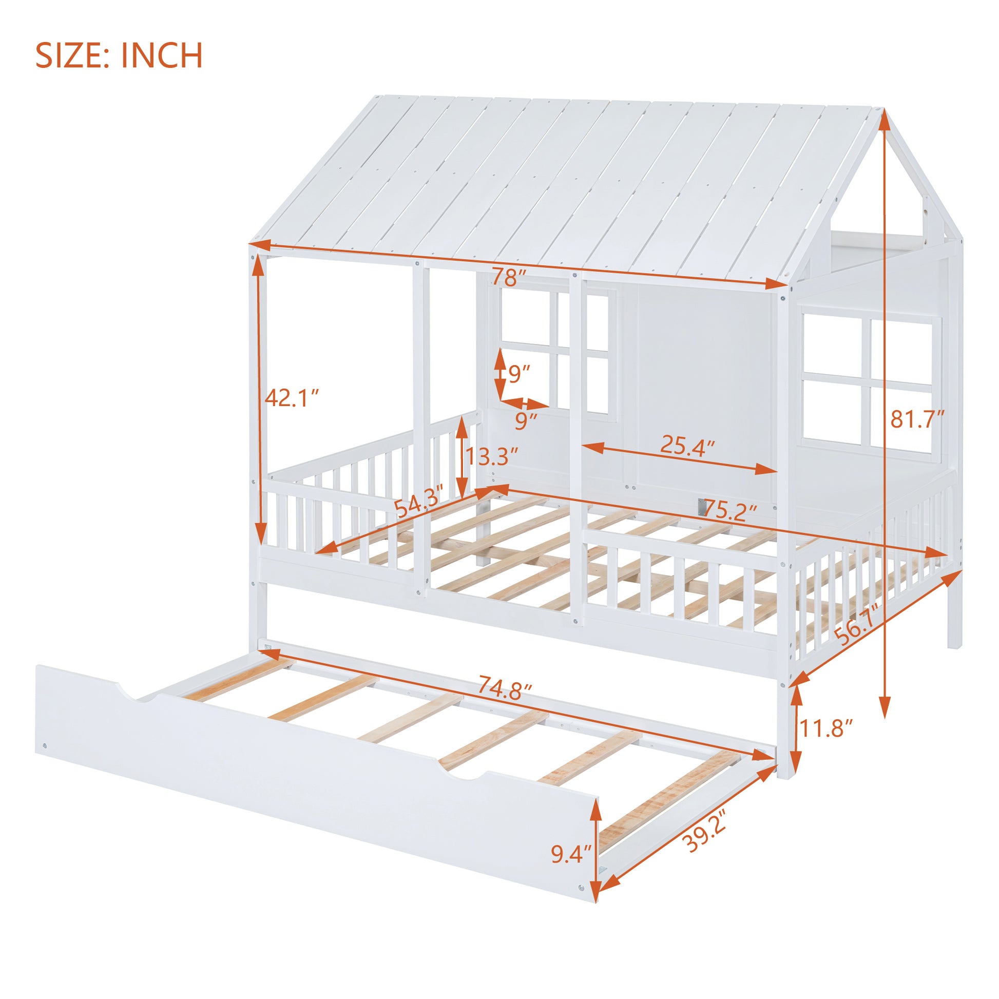 Full Size Wood House Bed With Twin Size Trundle, Wooden Daybed, White Full White Solid Wood