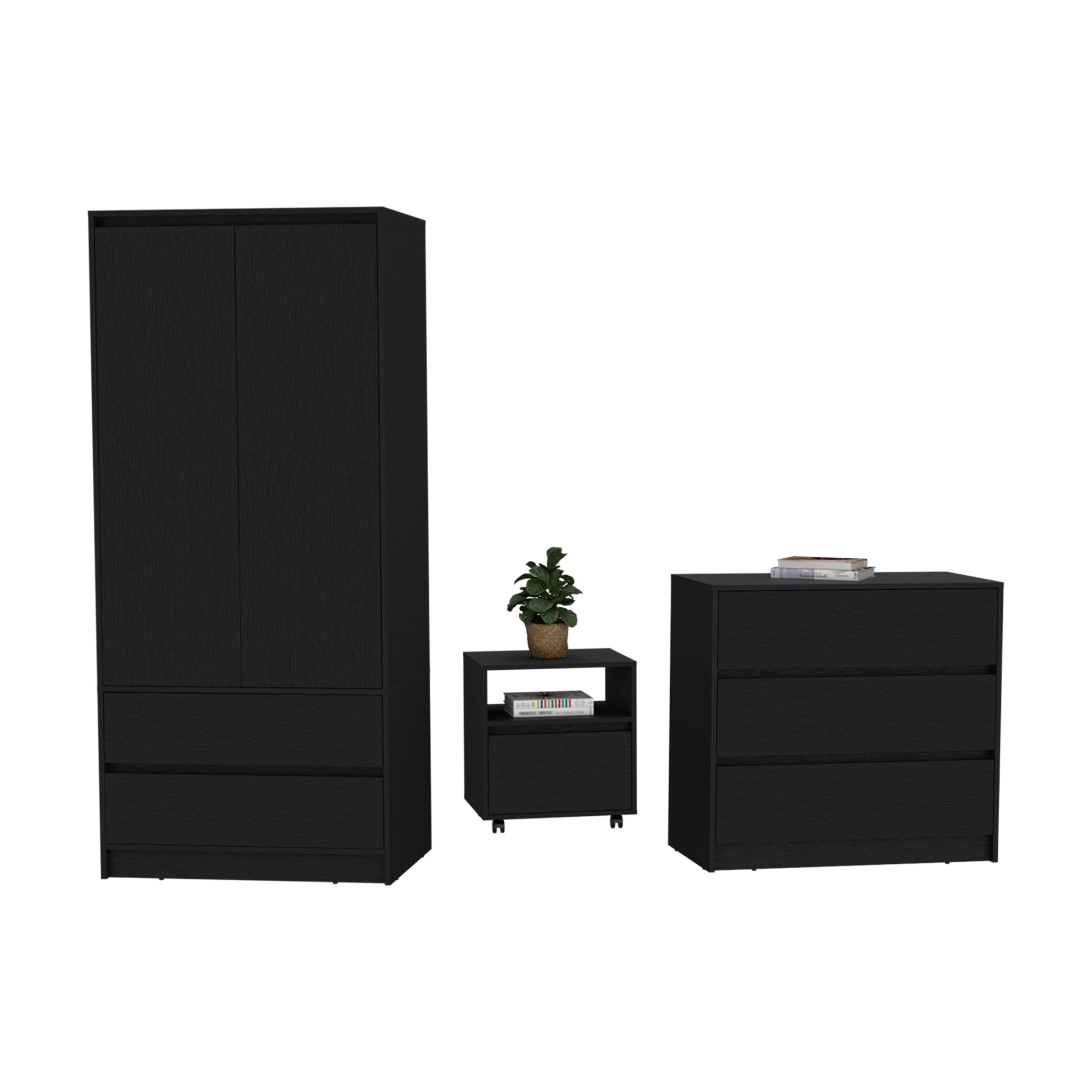 Beloit 3 Piece Bedroom Set, Nightstand Dresser Armoire, Black Black Particle Board Engineered Wood Beloit 3 Piece Bedroom Set, Nightstand Dresser Armoire, Black Black Particle Board Engineered Wood