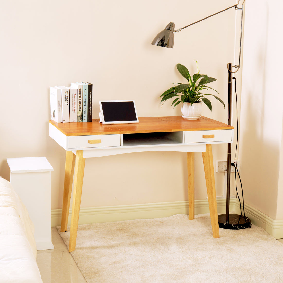 Double Drawn Solid Wood Computer Desk Natural Wood