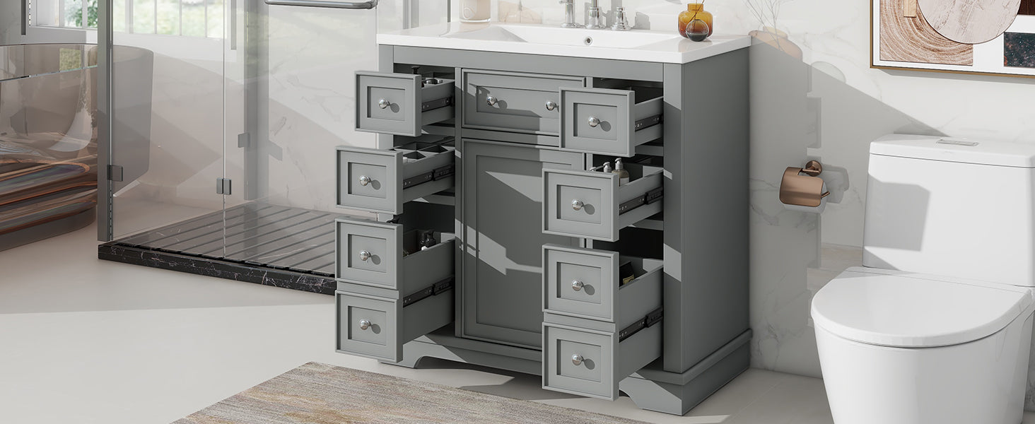 36" Bathroom Vanity With Sink Combo, One Cabinet And Six Drawers, Solid Wood And Mdf Board, Grey Old Sku:Sy999404Aae Grey Solid Wood Mdf