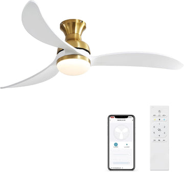 52 Inch Modern Ceiling Fan With 3 Color Dimmable Solid Wood Blades Remote Control Reversible Dc Motor For Bedroom Gold Metal & Wood