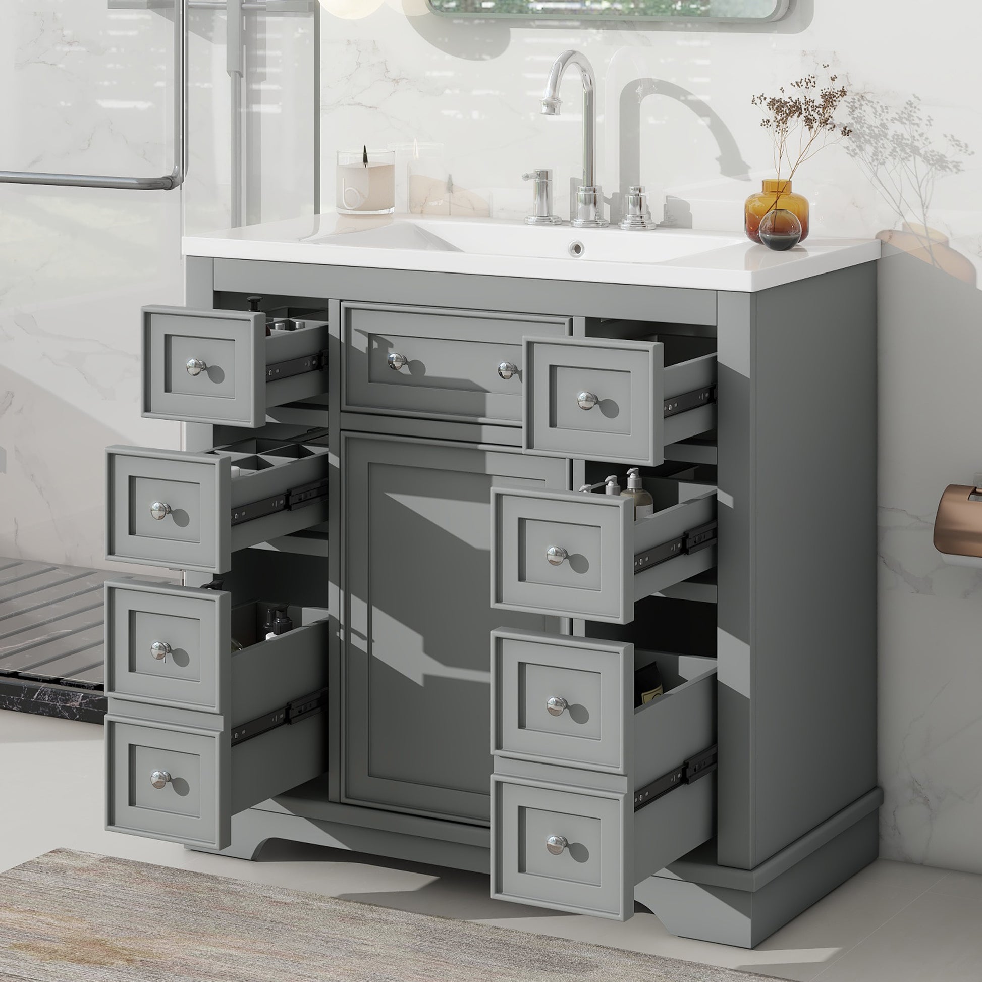 36" Bathroom Vanity With Sink Combo, One Cabinet And Six Drawers, Solid Wood And Mdf Board, Grey Old Sku:Sy999404Aae Grey Solid Wood Mdf