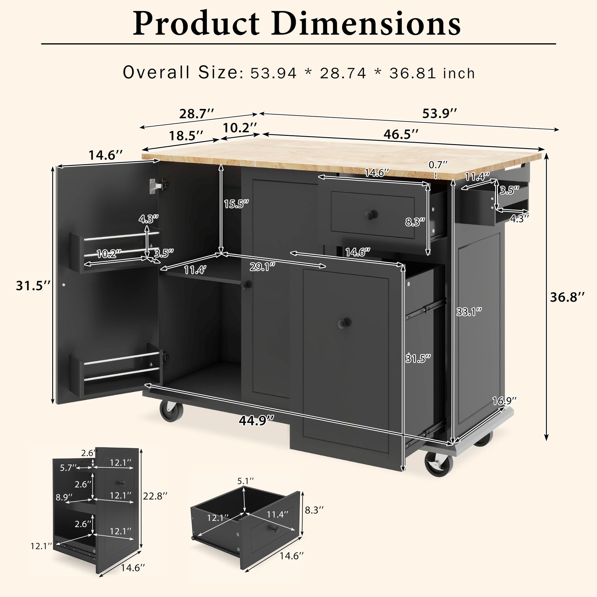 Kitchen Island with Drop Leaf, 53.9" Width Rolling