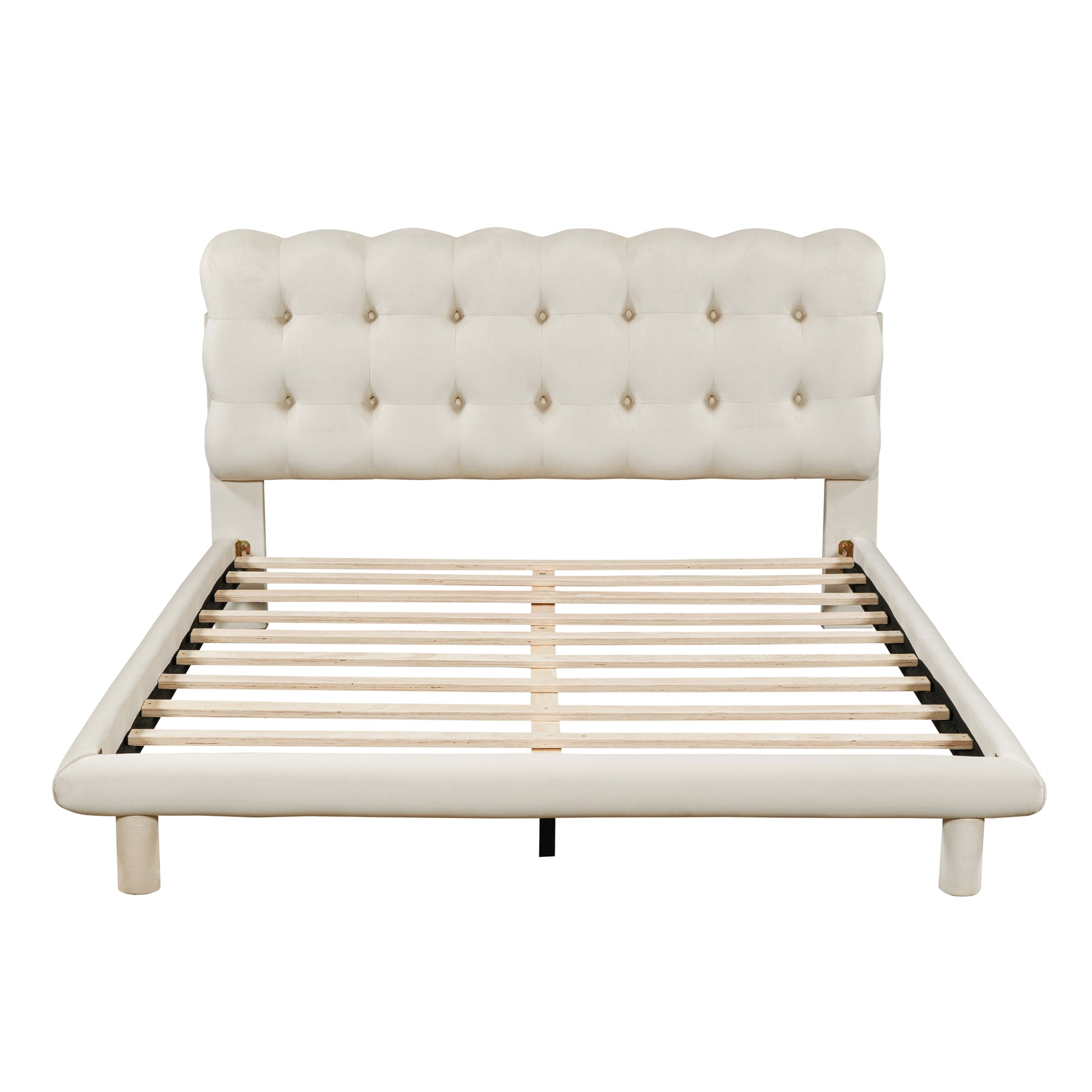 Queen Size Velvet Platform Bed With Led Frame, Thick & Soft Fabric And Button Tufted Design Headboard, Beige Beige Velvet